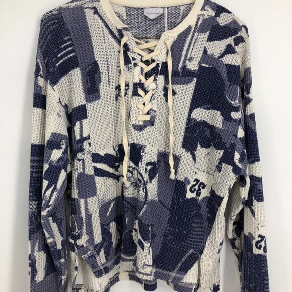 Urban Outfitters Out From Under  Blue & White Lace-Up Knit Henley Top size S - Picture 6 of 13